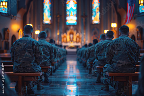 Members of the armed forces kneeling in prayer at a military base chapel during a ceremony on Memorial Day in America, reflective, spiritual.