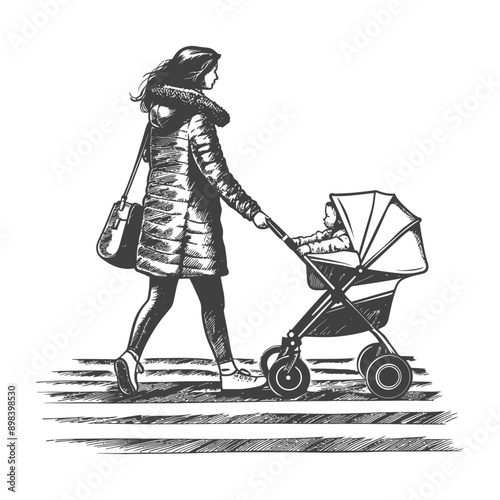 Woman Walking with a Baby in a Stroller on a Crosswalk