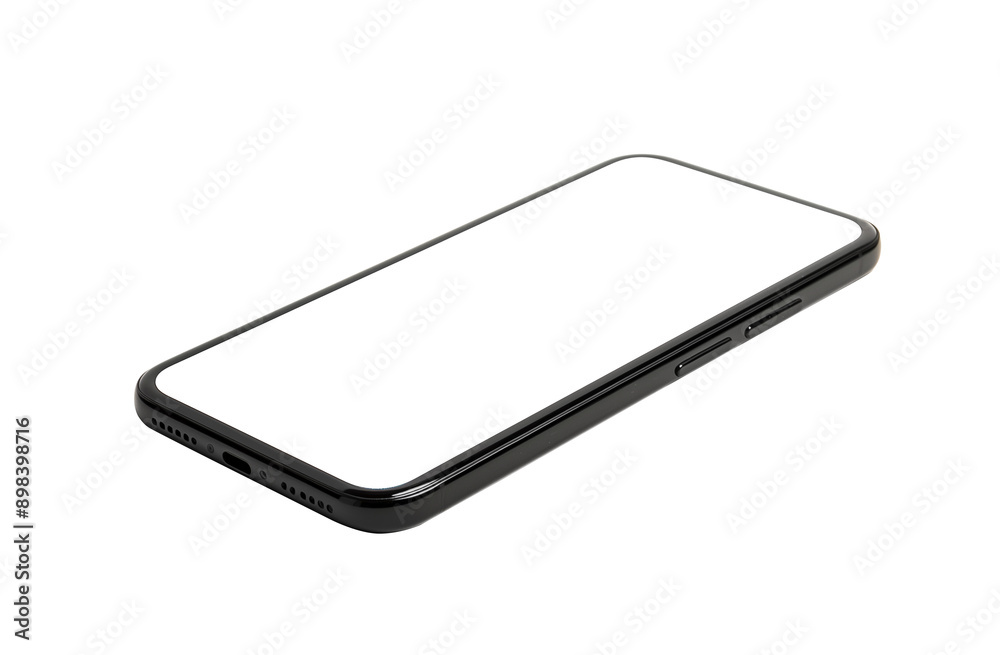 black smartphone with rounded corners lying on its side with the screen facing up, transparent image black smartphone with rounded corners lying on its side with the screen facing up, transparent image