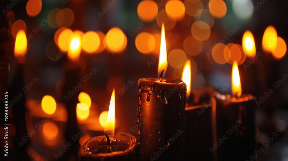 A collection of votive candles arranged in a pattern, creating an aura of warm light against a dark backdrop. A collection of votive candles arranged in a pattern, creating an aura of warm light against a dark backdrop.