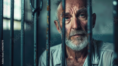A middle-aged man sits behind bars in a prison cell. 