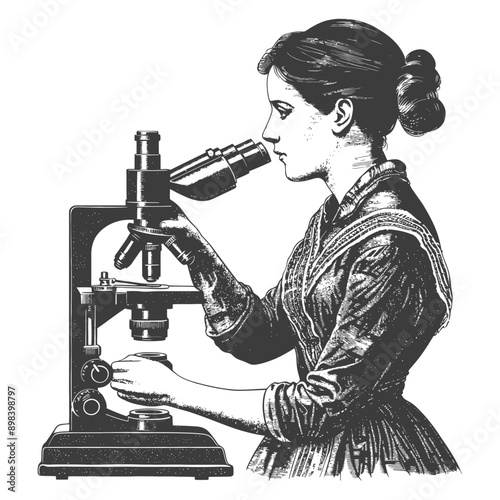 A Woman Using a Vintage Microscope