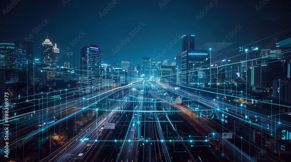 Smart City with Digital Network Overlay at Night Smart City with Digital Network Overlay at Night