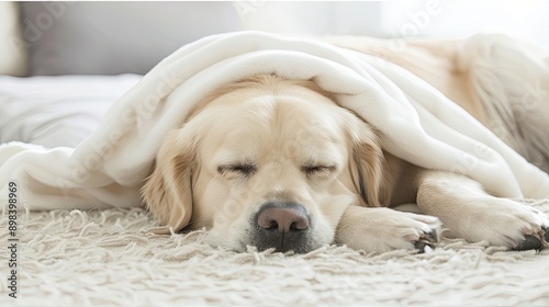 A beagle dog is resting on a white carpet near an electric heater, with a blanket partially covering its body.