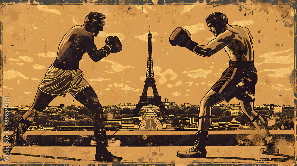 Obraz premium Vintage Poster Boxing: A vintage poster-style illustration of a boxing match with the Eiffel Tower in the background on a sepia-toned background.
