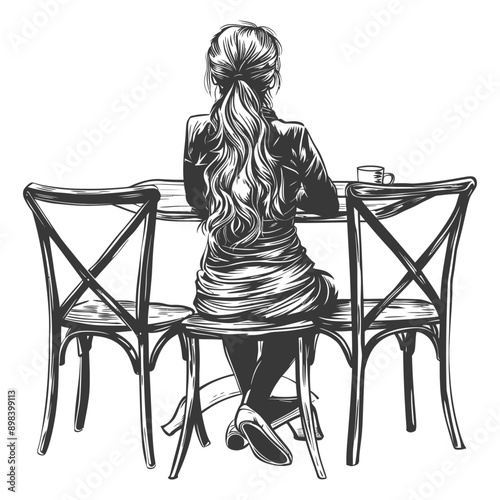 Woman with long hair sitting at a table with a cup