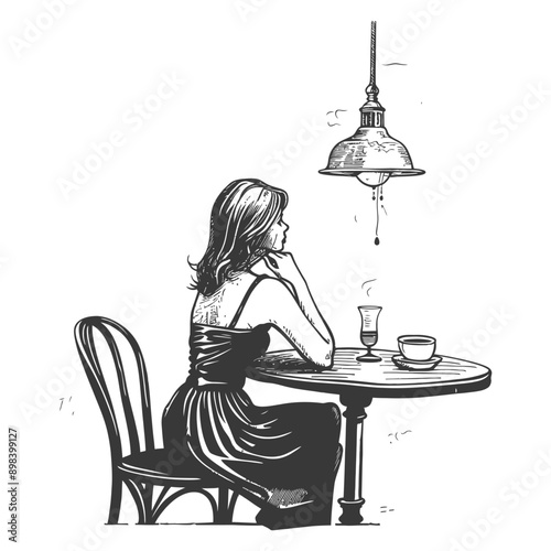 Woman sitting at a cafe table with a cup of coffee