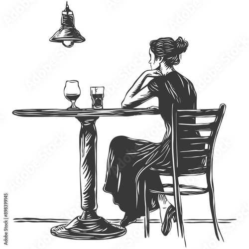 Solitary Woman Sitting at a Table with a Drink