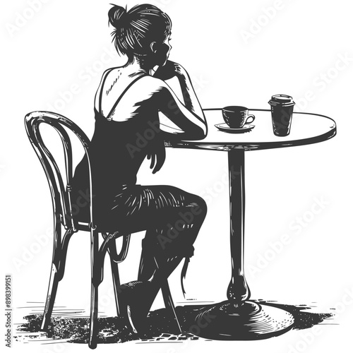 Woman Sitting at a Table with a Cup and a Takeaway Coffee Cup