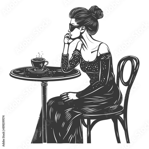 Woman in Sunglasses Sitting at a Table with a Cup of Coffee