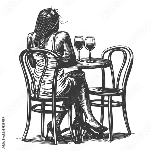 Woman Sitting Alone at a Table with Two Glasses of Wine