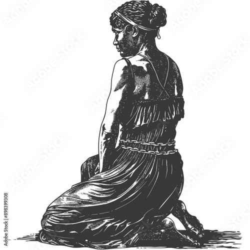 A Black and White Drawing of a Woman Kneeling Facing Away from the Viewer