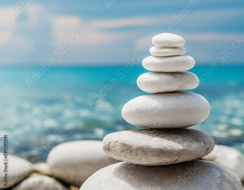Stack of white pebbles stone against blue sea background for spa, balance, meditation and zen theme.