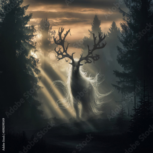 A  surreal depiction of a mystical Windigo forest deity with deer antlers, emerging in a foggy forest at dawn. Perfect for fantasy art enthusiasts, book covers, or spiritual artwork collections. photo