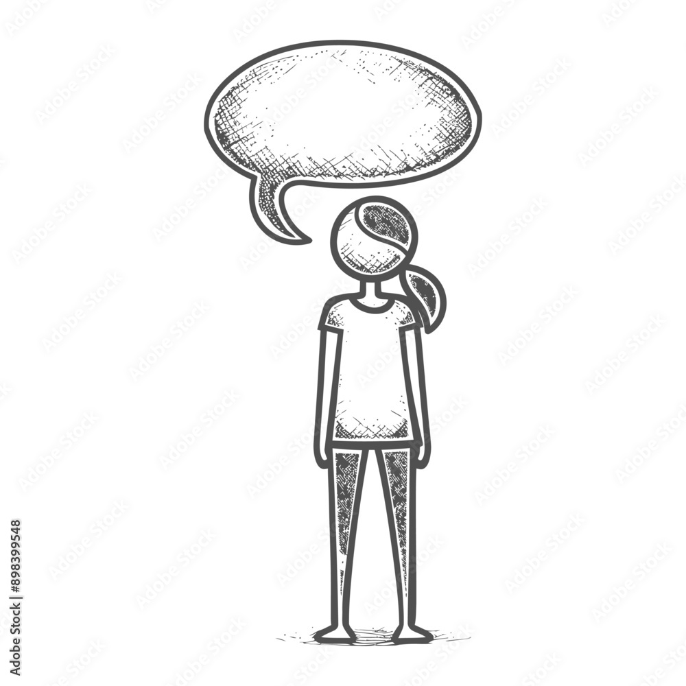 Hand drawn sketch of a girl with a speech bubble above her head Hand drawn sketch of a girl with a speech bubble above her head