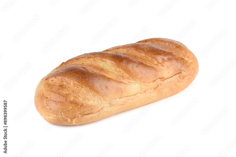A loaf of white bread with a crispy crust on a white background. A loaf of white bread with a crispy crust on a white background.