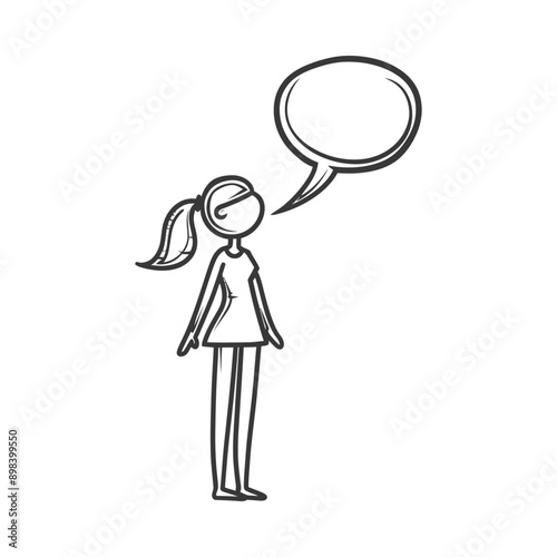 A stick figure woman with a ponytail and a speech bubble above her head