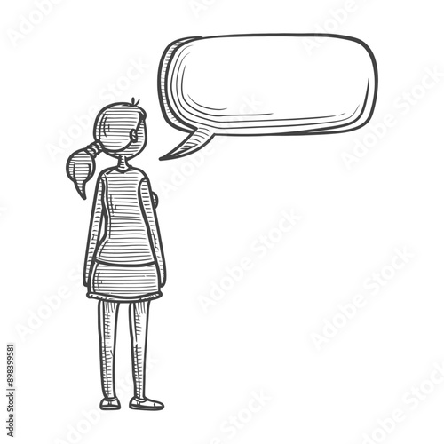 Hand drawn illustration of a girl with a speech bubble