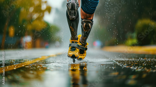 Prosthetic Leg Athlete Running on Rainy Day