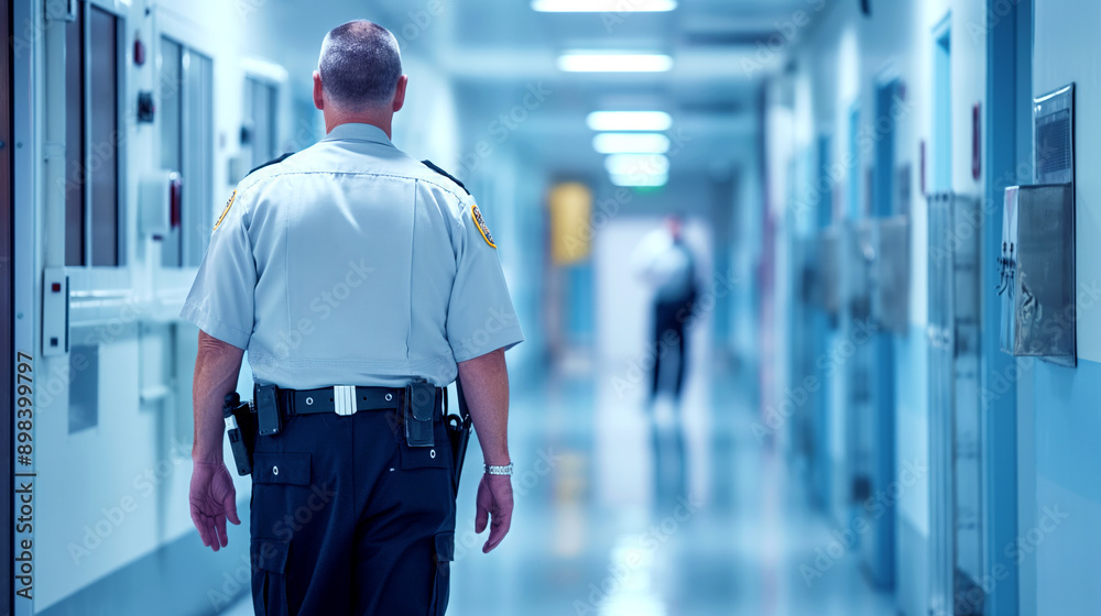Rear view of uniformed security officer walking down a brightly lit institutional hallway, likely in a correctional facility or similar secure institution. Rear view of uniformed security officer walking down a brightly lit institutional hallway, likely in a correctional facility or similar secure institution.
