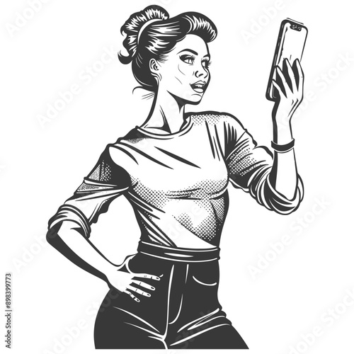 A woman looking at a smartphone with a hand on her hip 