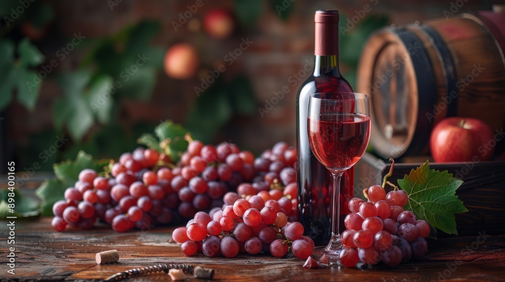 Fototapeta premium Bottle and glass of rose wine standing on a wooden table with fresh red grapes and an apple