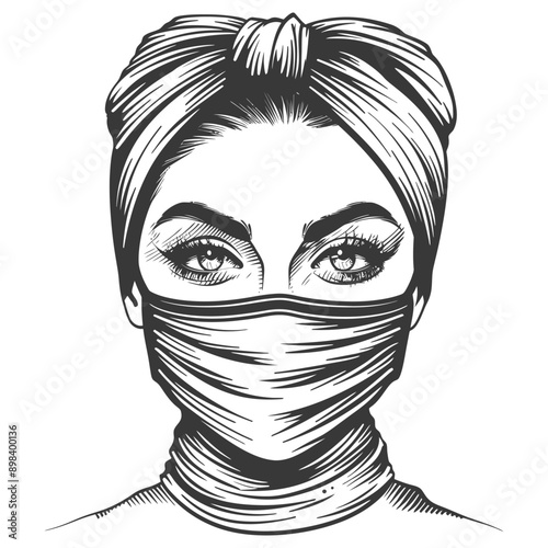A Womans Face Covered by a Medical Mask and Turban