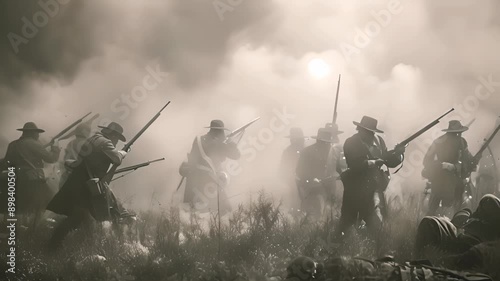 Into the Fog of War: Silhouettes of soldiers charging forward in a dramatic, sepia-toned image depicting the intensity and chaos of battle. A powerful visual for historical narratives, war remembrance photo