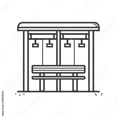 Line art illustration of a bus stop with a bench