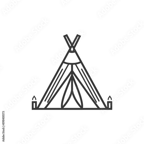Line art illustration of a teepee with two flames on either side