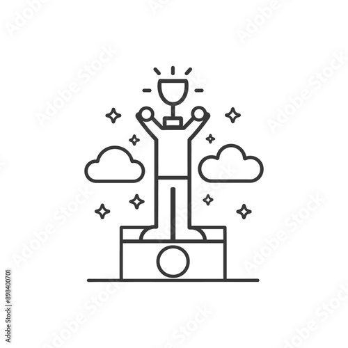 Person Holding Up a Trophy on a Pedestal with Stars and Clouds