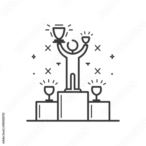 A person on a podium holding up two trophies