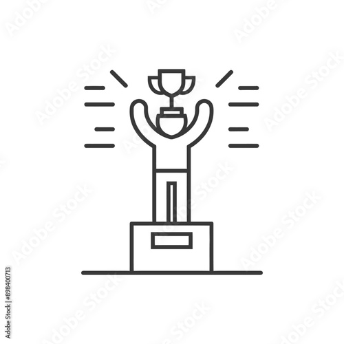 Line art illustration of a person holding a trophy above their head on a pedestal