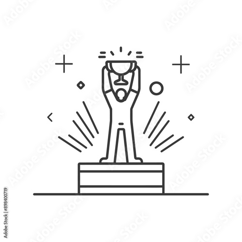A Line Drawing of a Person Holding a Trophy on a Podium