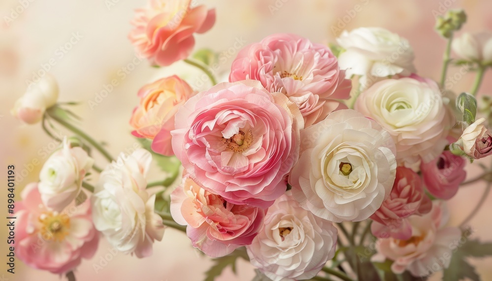 Close Up of a Bouquet of Pink and White Ranunculus Flowers Close Up of a Bouquet of Pink and White Ranunculus Flowers