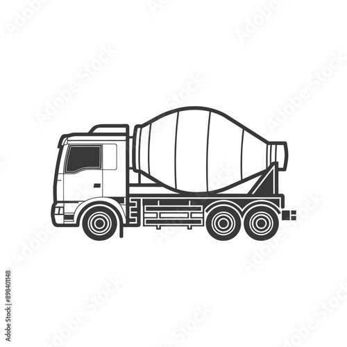 Black and White Line Art Illustration of a Concrete Mixer Truck