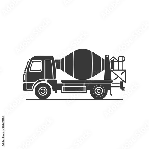 Black and white side view illustration of a concrete mixer truck