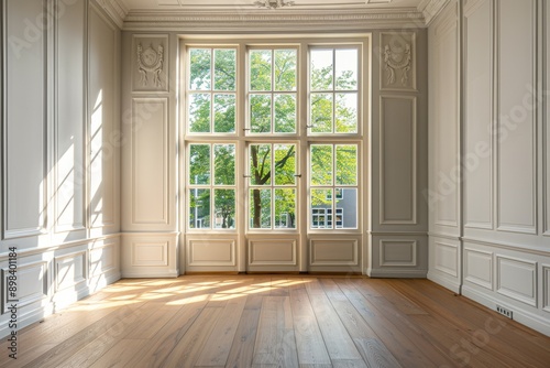 Classic interior of a room with a large window.