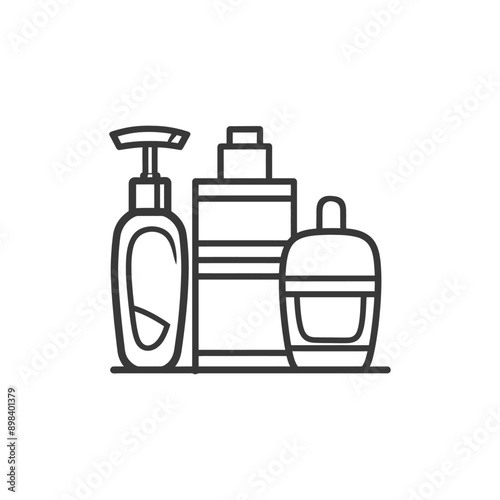 Line Art Illustration of Three Bottles of Body Wash Shampoo and Perfume