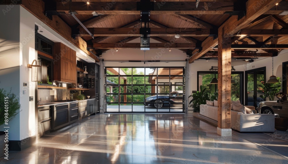 Modern Garage Interior With Exposed Wooden Beams Modern Garage Interior With Exposed Wooden Beams