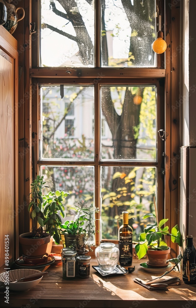 Interior of a cozy terrace with a window, plants and a bottle of wine Interior of a cozy terrace with a window, plants and a bottle of wine