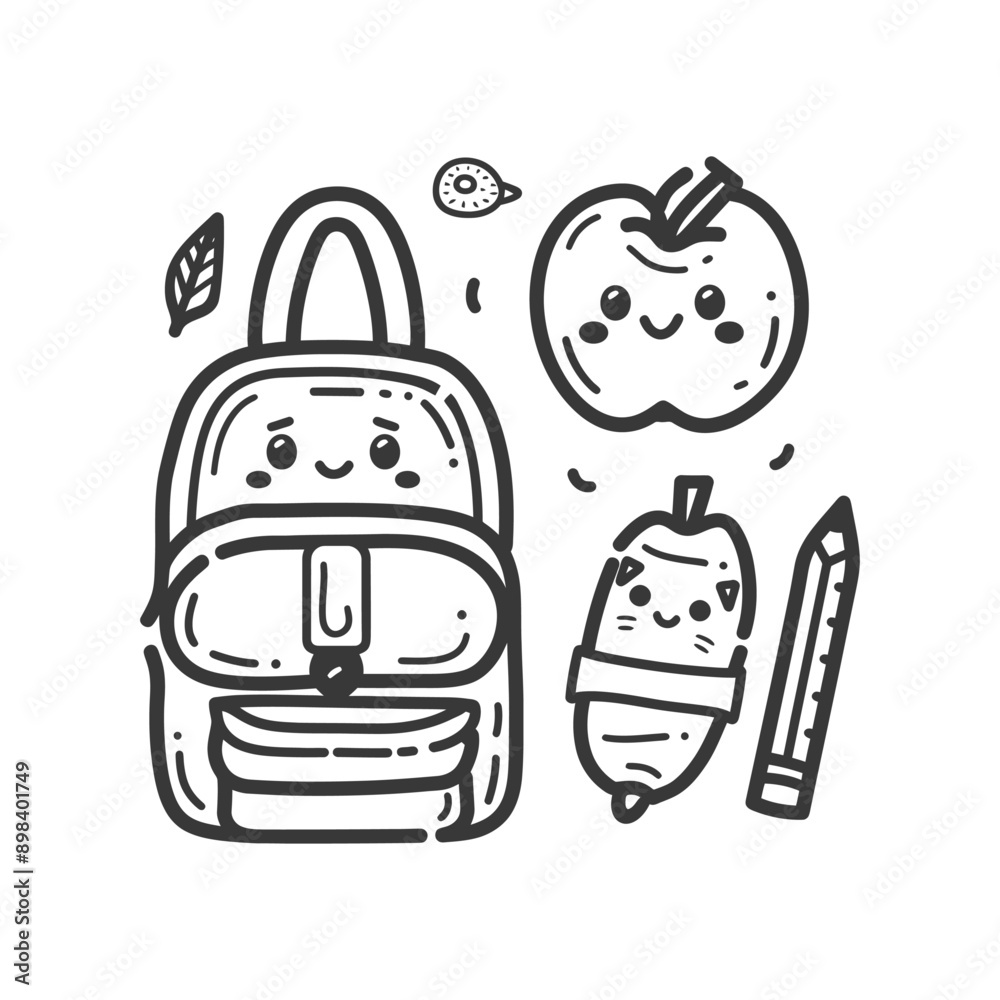 Cartoon Backpack Apple Pencil and Banana with Faces Cartoon Backpack Apple Pencil and Banana with Faces