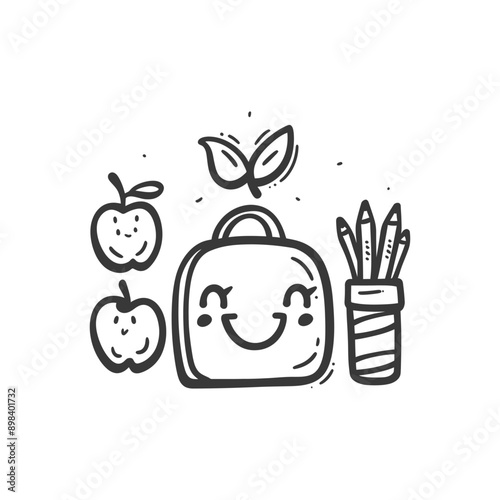 Hand drawn Illustration of a Smiling Lunchbox with Apples and Crayons