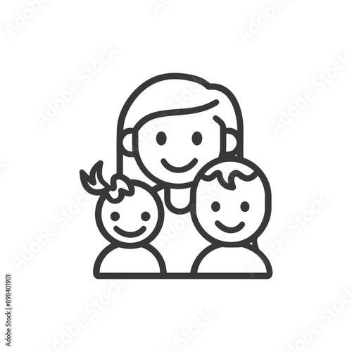 Line art illustration of a mother with two children