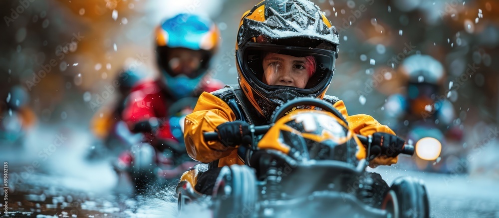 Young Racer in a Yellow Suit and Helmet Races in the Snow Young Racer in a Yellow Suit and Helmet Races in the Snow