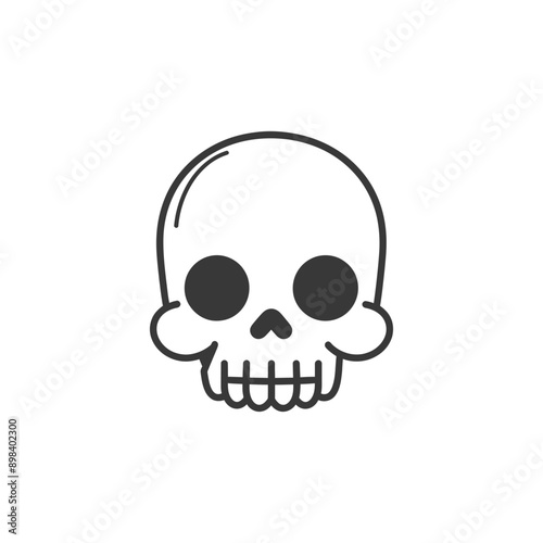 A cartoon illustration of a human skull in black and white 