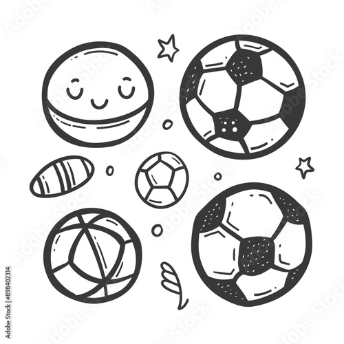 Hand drawn doodle of various balls and a smiling ball