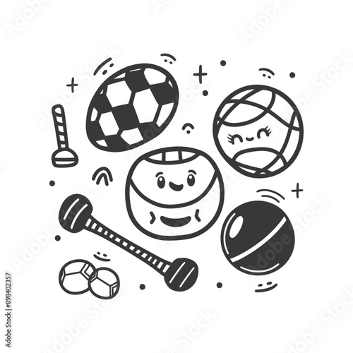 Hand drawn doodle of sports balls and equipment with smiling faces