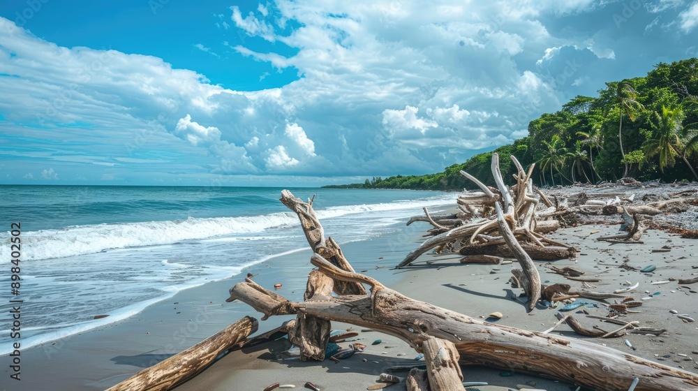 Driftwood scattered on a pristine sandy beach, azure waters lapping at the shore. Driftwood scattered on a pristine sandy beach, azure waters lapping at the shore.