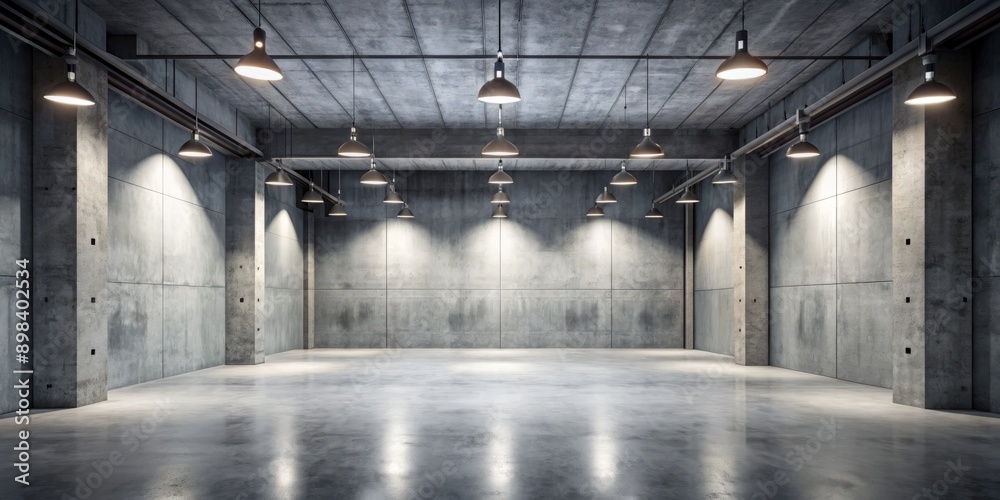Obraz premium Sparse industrial interior with concrete walls and dark atmosphere, accentuated by spotlights, providing ample copy space for modern design and advertising concepts.